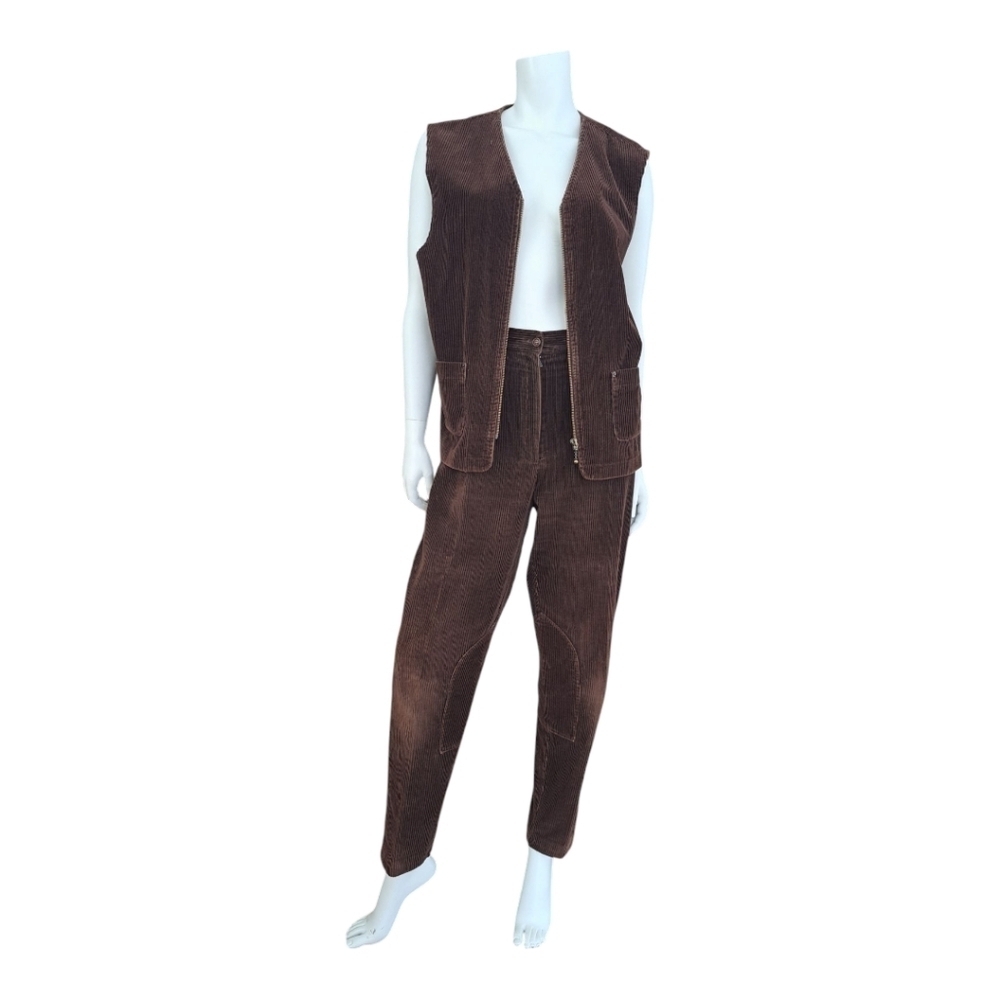 Vintage corduroy brown vest & brown high waist pants & sleeveless jacket - Picture 2 of 12